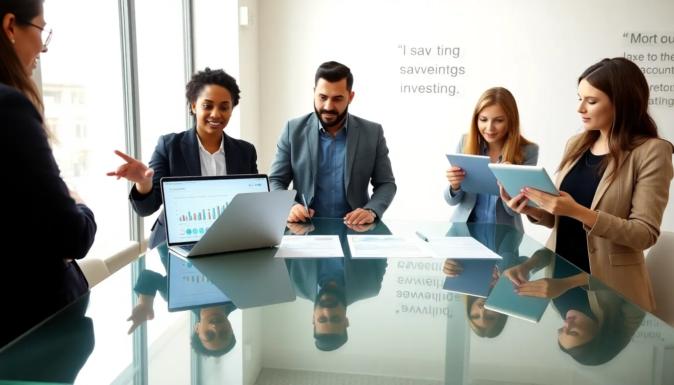 diverse team discussing saving and investing strategies in a modern office.